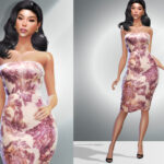 Sims 4 Floral Strapless Velvet Midi Dress DO051
