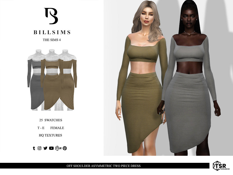 Sims 4 Off Shoulder Asymmetric Two Piece Dress