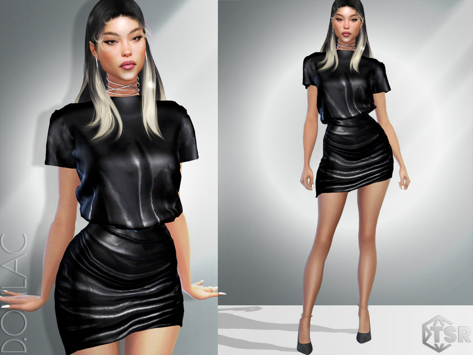Sims 4 Ruched Faux Leather Mini Dress DO018