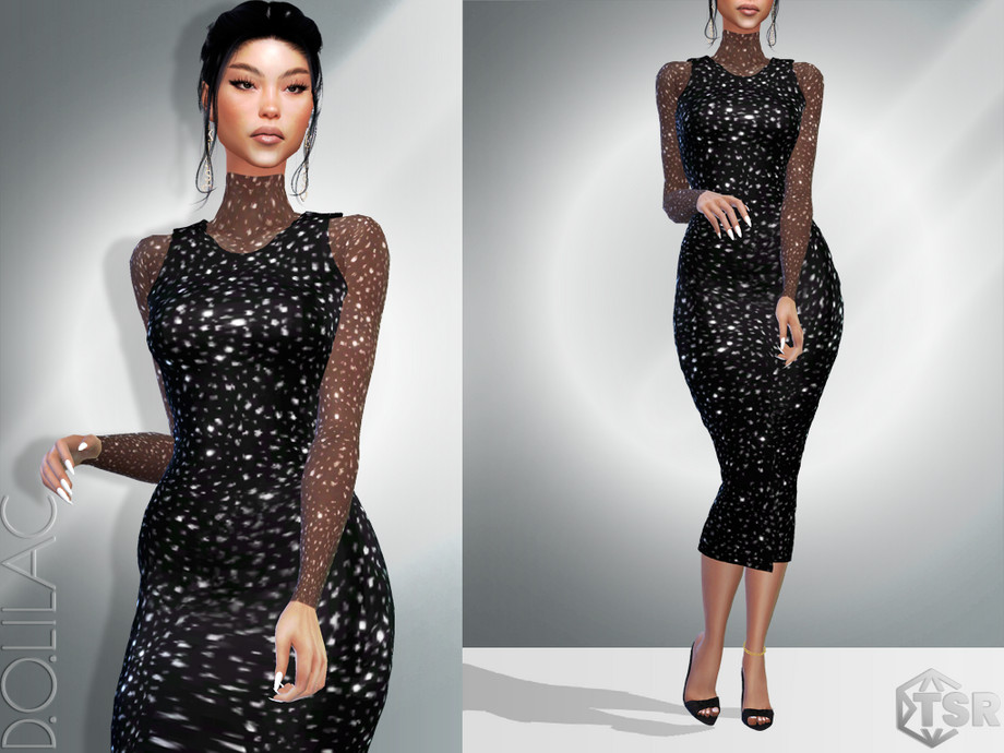 Sims 4 Sequined Tulle Midi Dress DO035