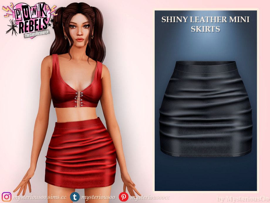 Наряд Punk Rebels - Shiny Leather Mini Skirt & Leather Top With Pins Sims 4