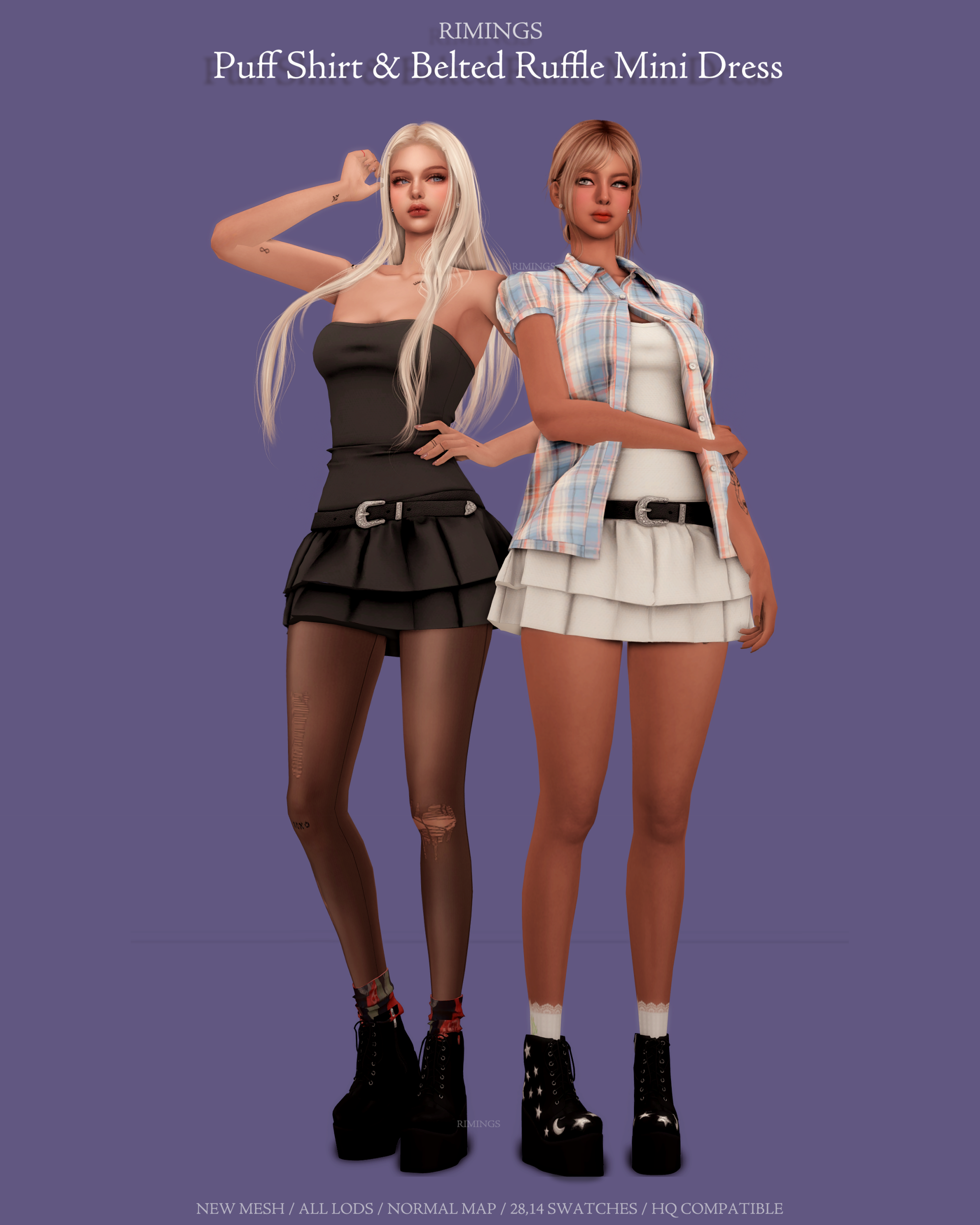 Комплект одежды Puff Shirt & Belted Ruffle Mini Dress Sims 4