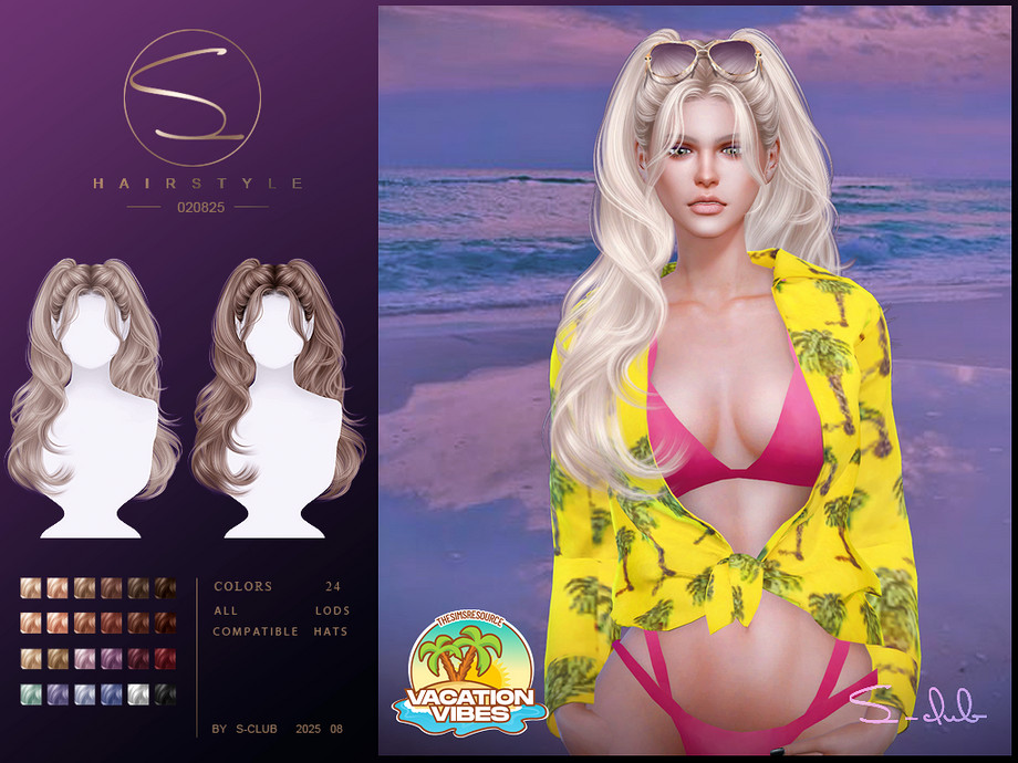 Женская прическа (VACATION VIBES)S-Club_020825_ double wavy ponytail Sims 4