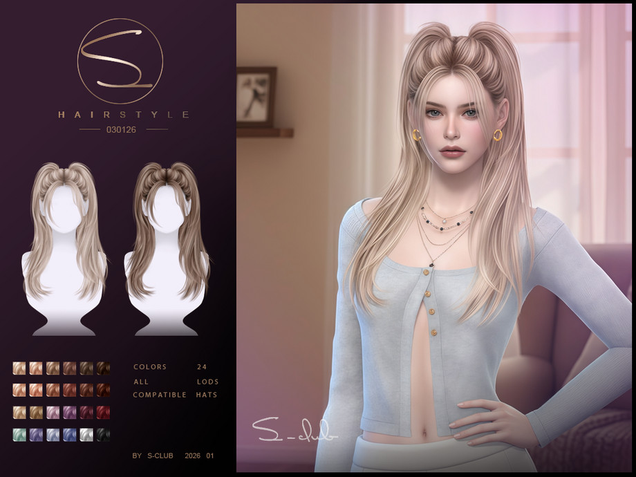 Прическа S Club 031226 Double Ponytail Sims 4