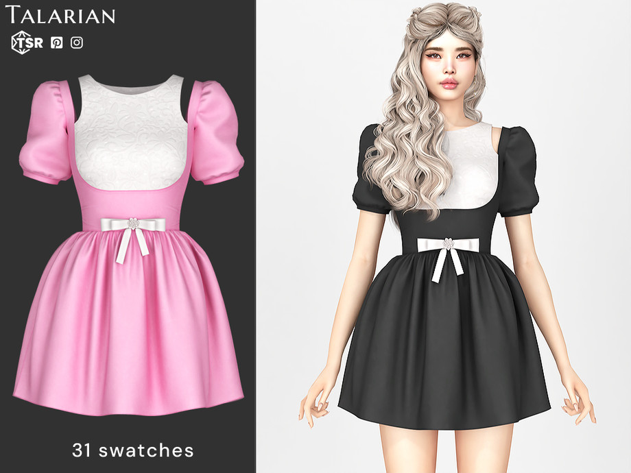 Платье Clover Dress Puff Sleeve Bow Waist Sims 4