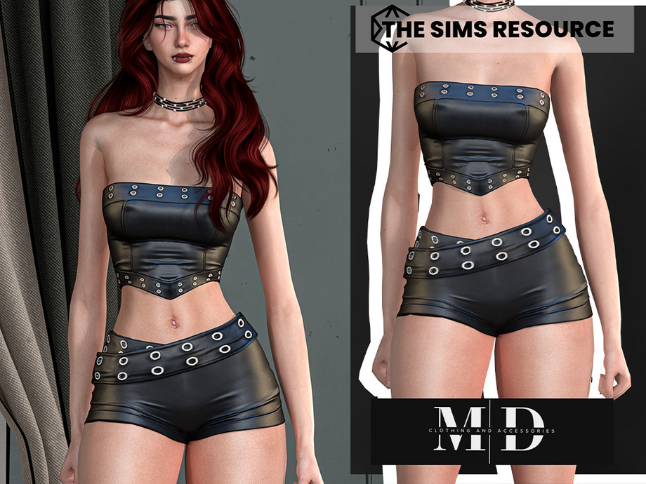 Комплект Rose Leather Top And Mini Shorts Set Sims 4