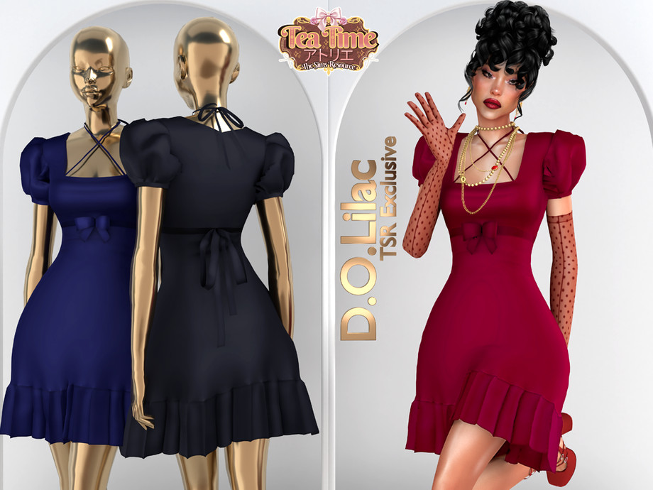 Платье Ribbon Short Balloon Sleeve Dress DO2159 Sims 4