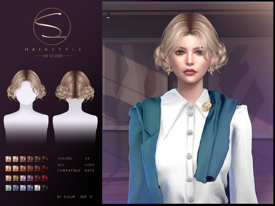 Прическа S Club 031225 Double Bun Hairstyle Sims 4