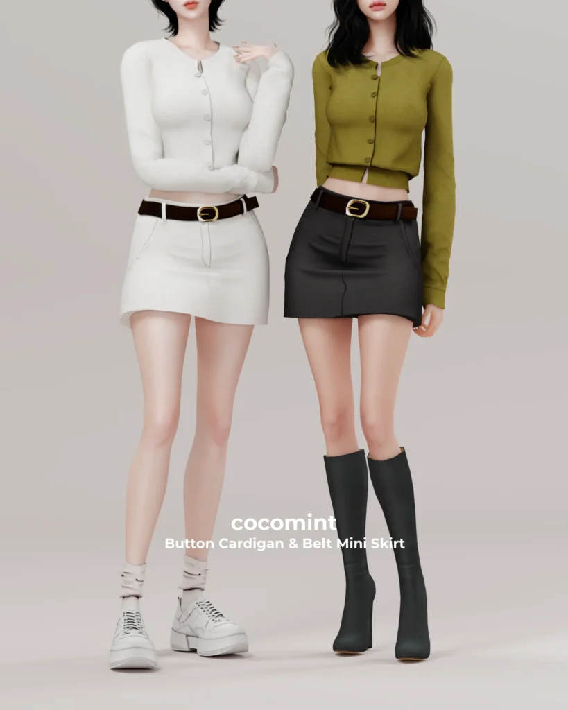 Кардиган и юбка Button Cardigan & Belt Mini Skirt Sims 4