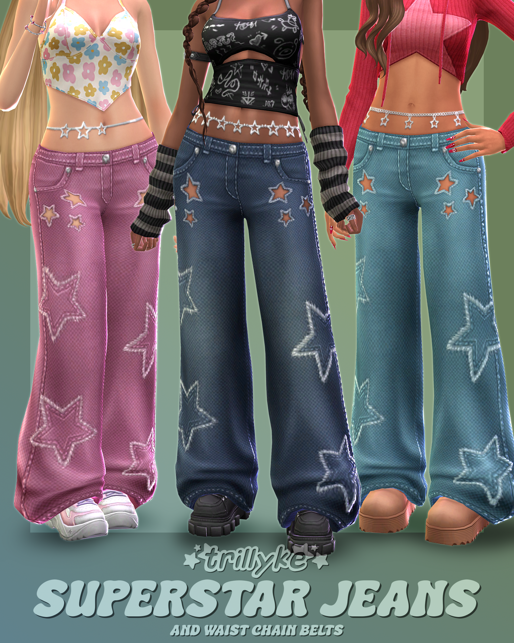 Джинсы с цепочкой Superstar Jeans & Waist Chain Belts для Sims 4