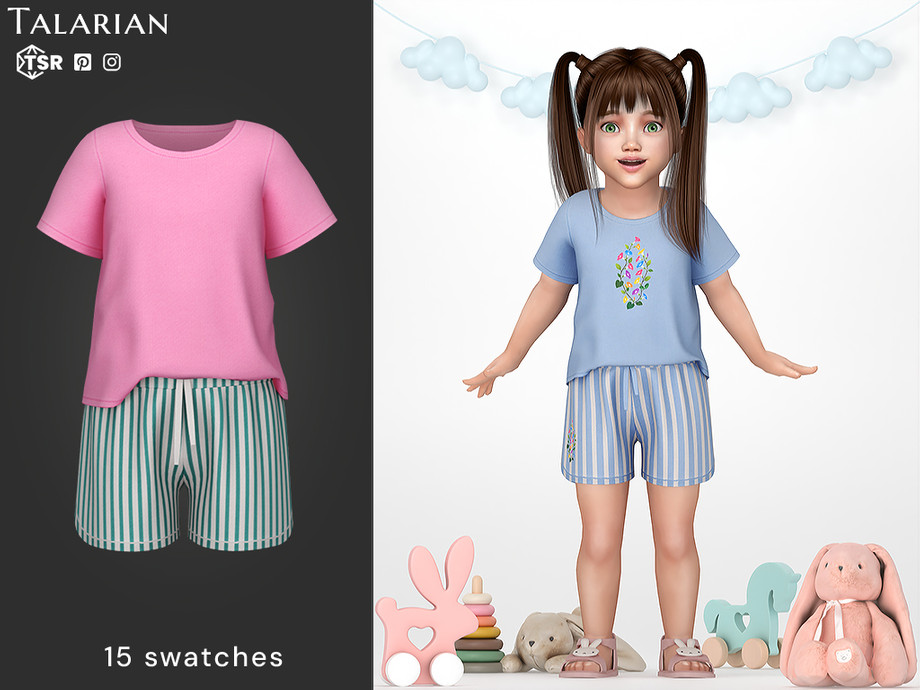 Наряд для тоддлеров Kylie Floral Print Tee Striped Shorts Outfit для Sims 4