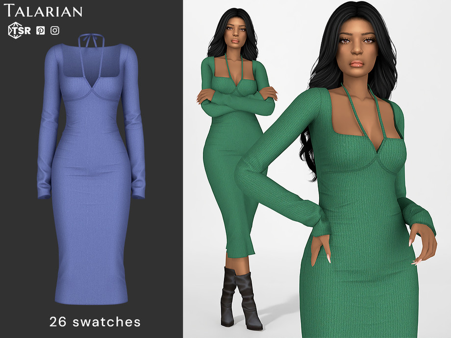Платье Myra Halter Strap Ribbed Midi Dress для Sims 4