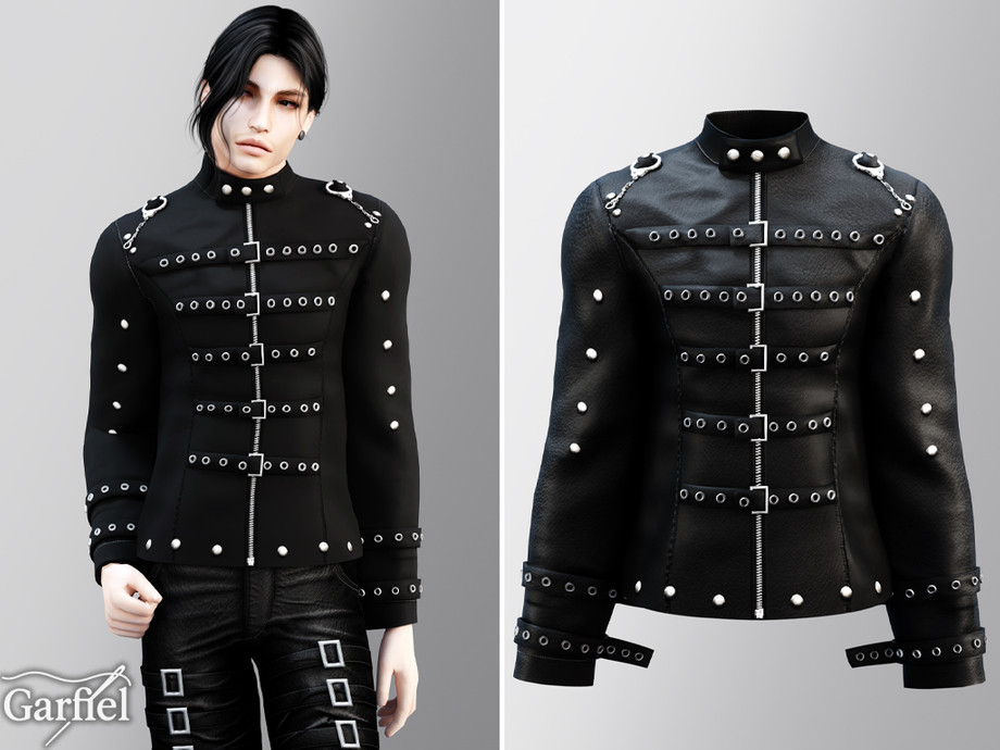 Жакет для мужчин и детей Dark industrial jacket with straps and stud accents для Sims 4