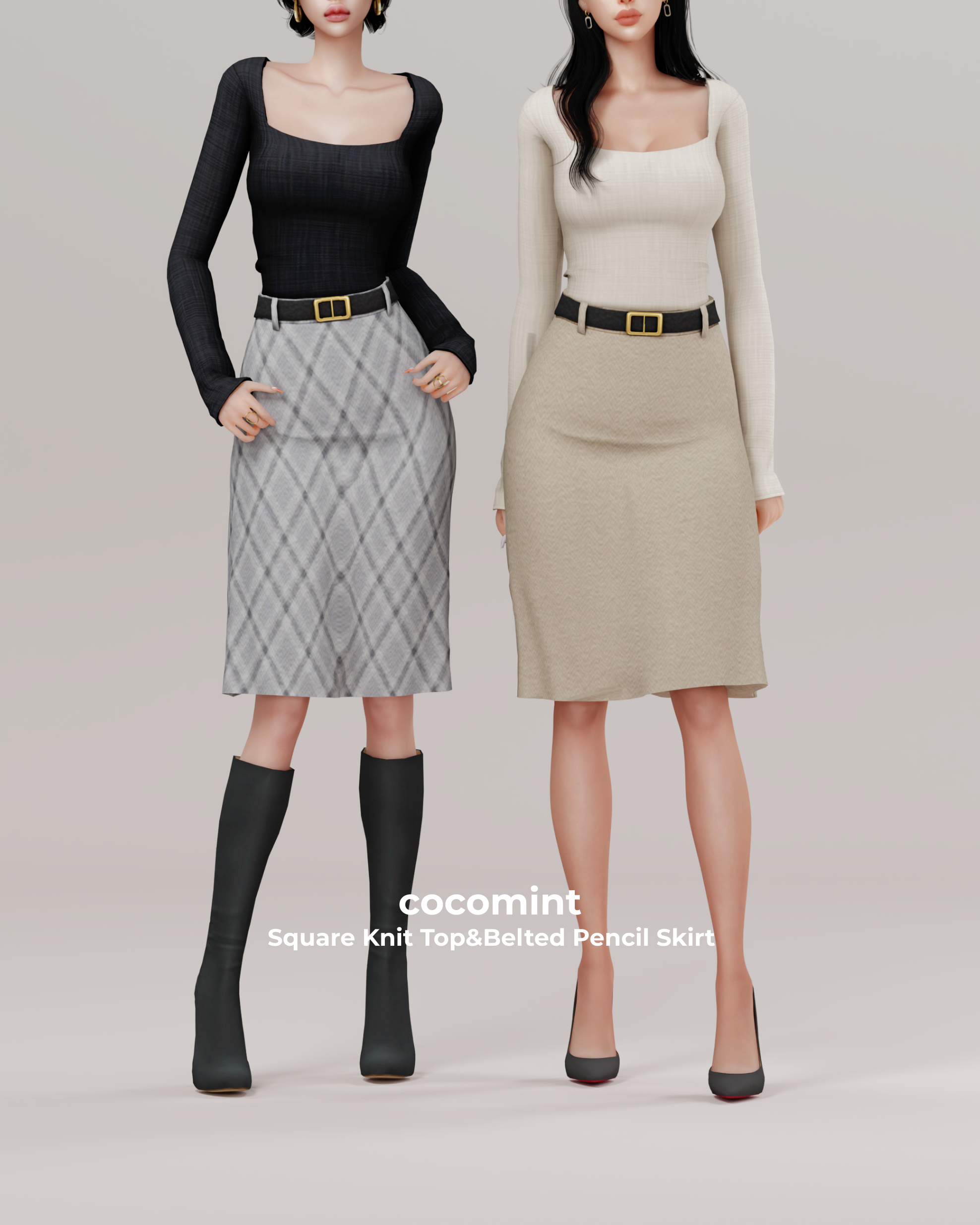 Строгий наряд для симочки Square Knit Top & Belted Pencil Skirt для Sims 4