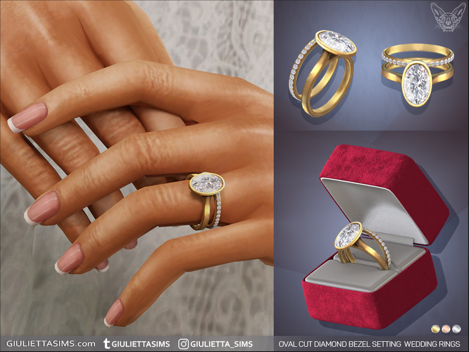 Обручальные кольца Oval Cut Diamond Bezel Setting Engagement And Wedding Rings Set для Sims 4