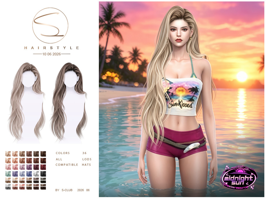 Женская прическа LONG FLOWING HAIR MidnightSun для Sims 4