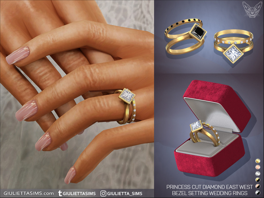 Обручальные кольца Princess Cut Diamond East West Bezel Setting Engagement And Wedding Rings для Sims 4