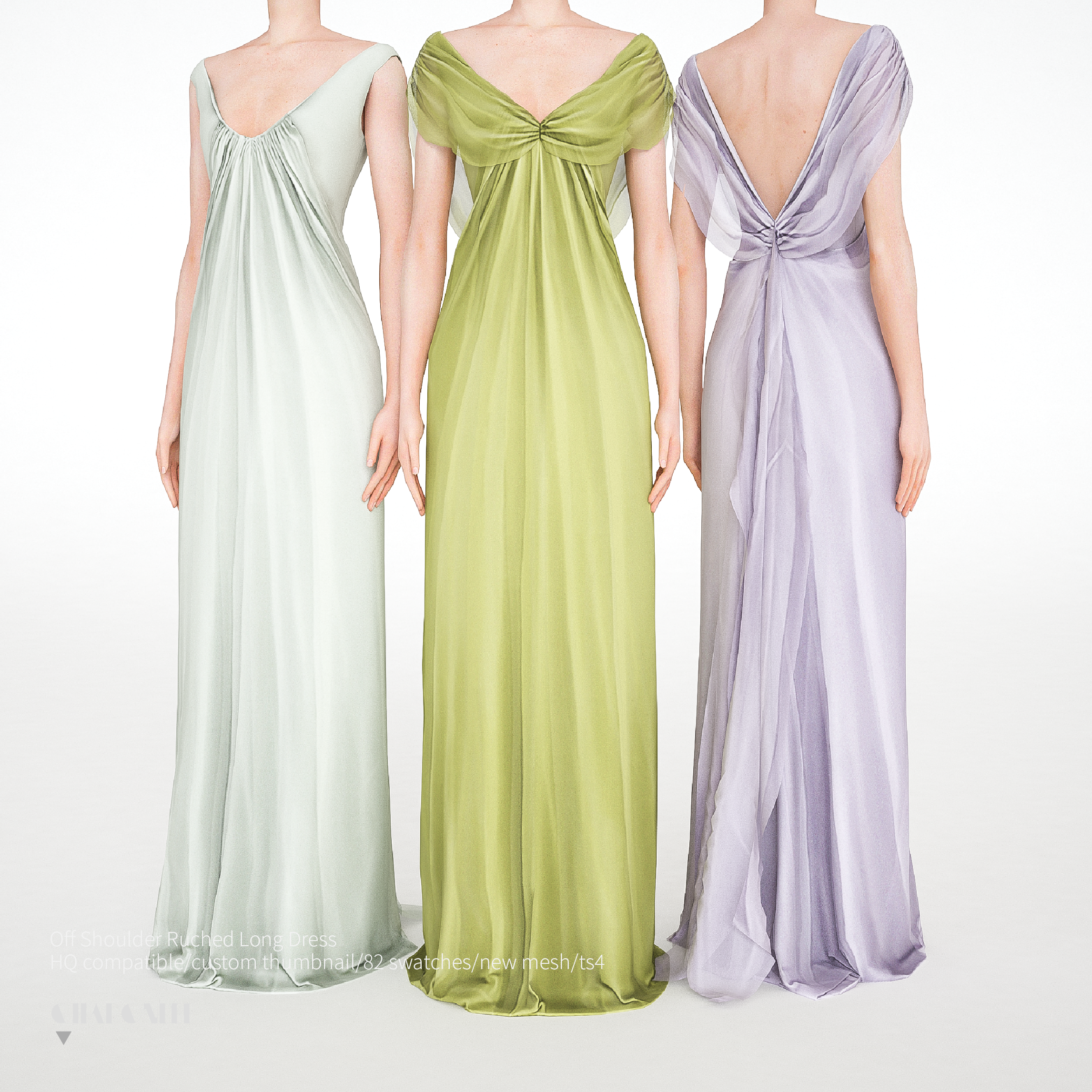 Вечерние платья Off Shoulder Ruched Long Dress для Sims 4
