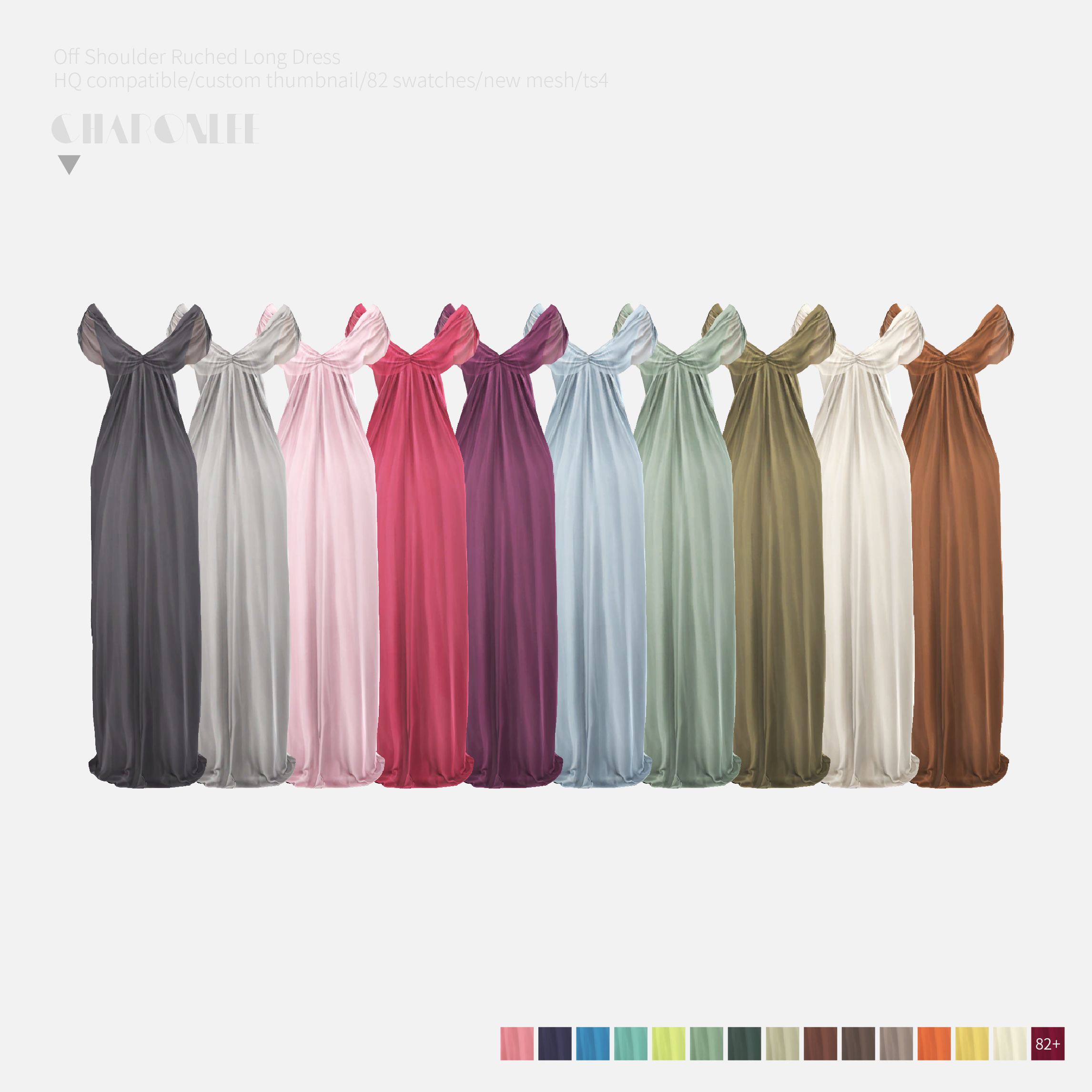 Вечерние платья Off Shoulder Ruched Long Dress для Sims 4