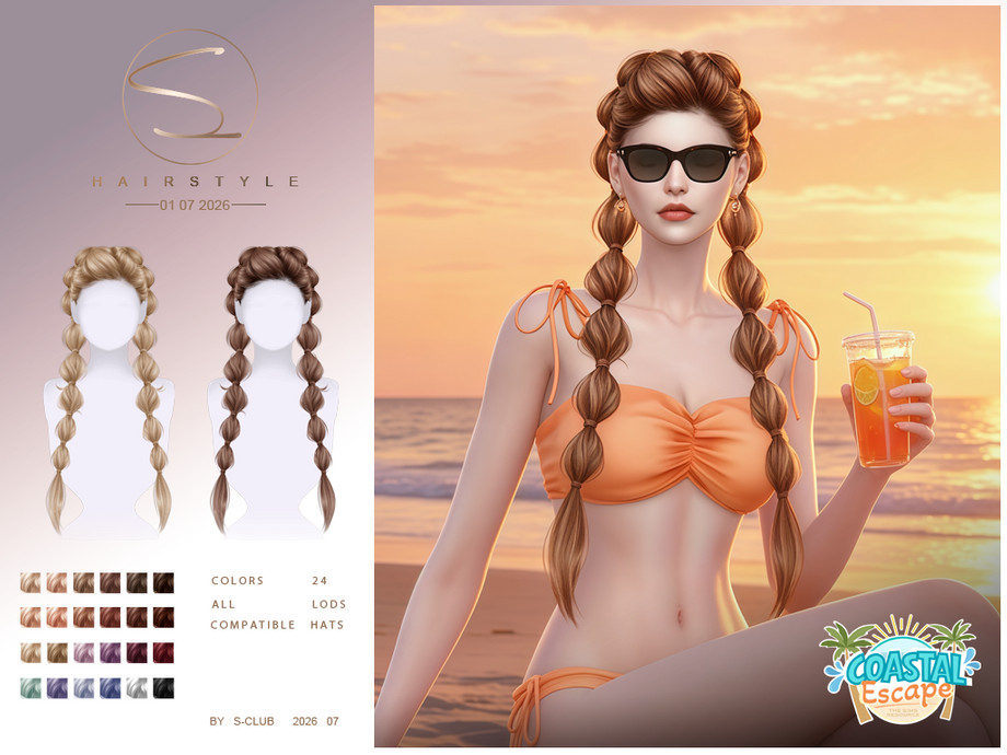 Женская прическа BUBBLE BRAID HAIR Coastal Escape для Sims 4