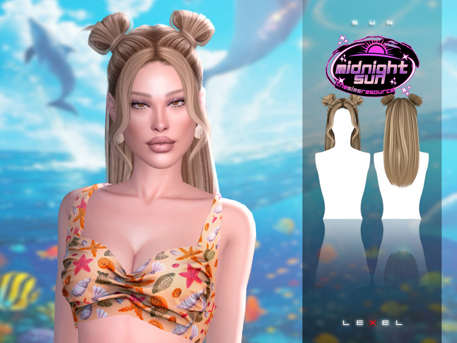 Женская прическа Sun long female updo with buns and bangs для Sims 4