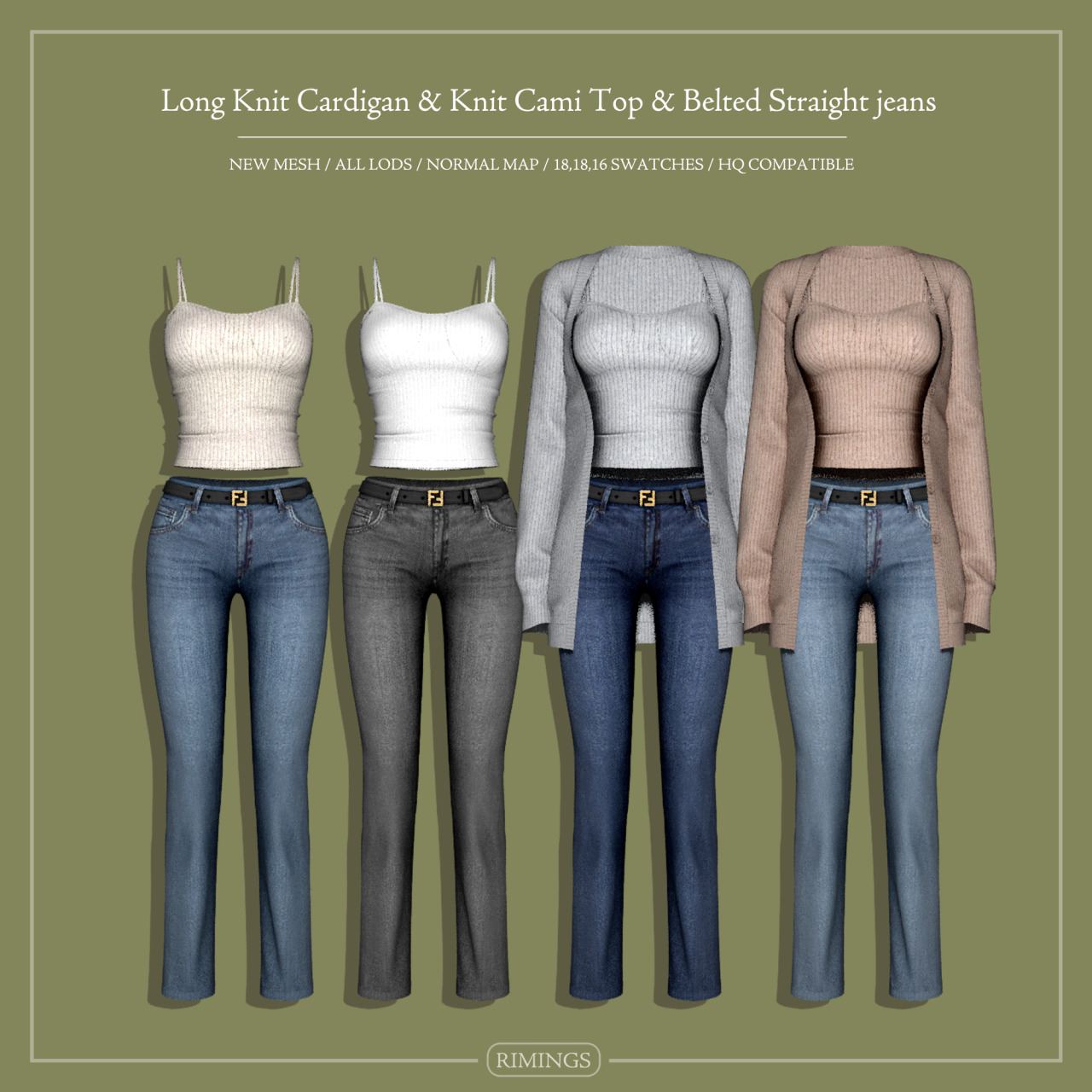 Повседневный сет Long Knit Cardigan & Knit Cami Top & Belted Straight jeans для Sims 4