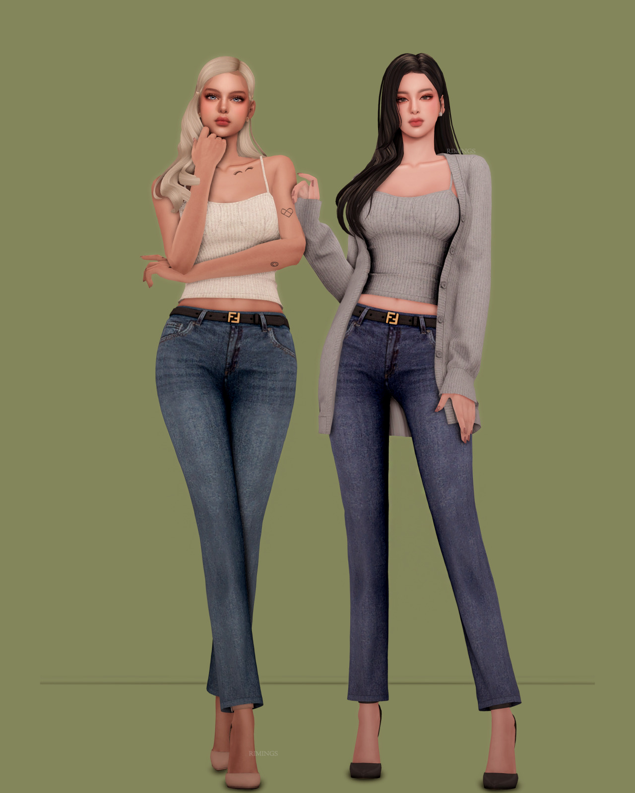 Повседневный сет Long Knit Cardigan & Knit Cami Top & Belted Straight jeans для Sims 4