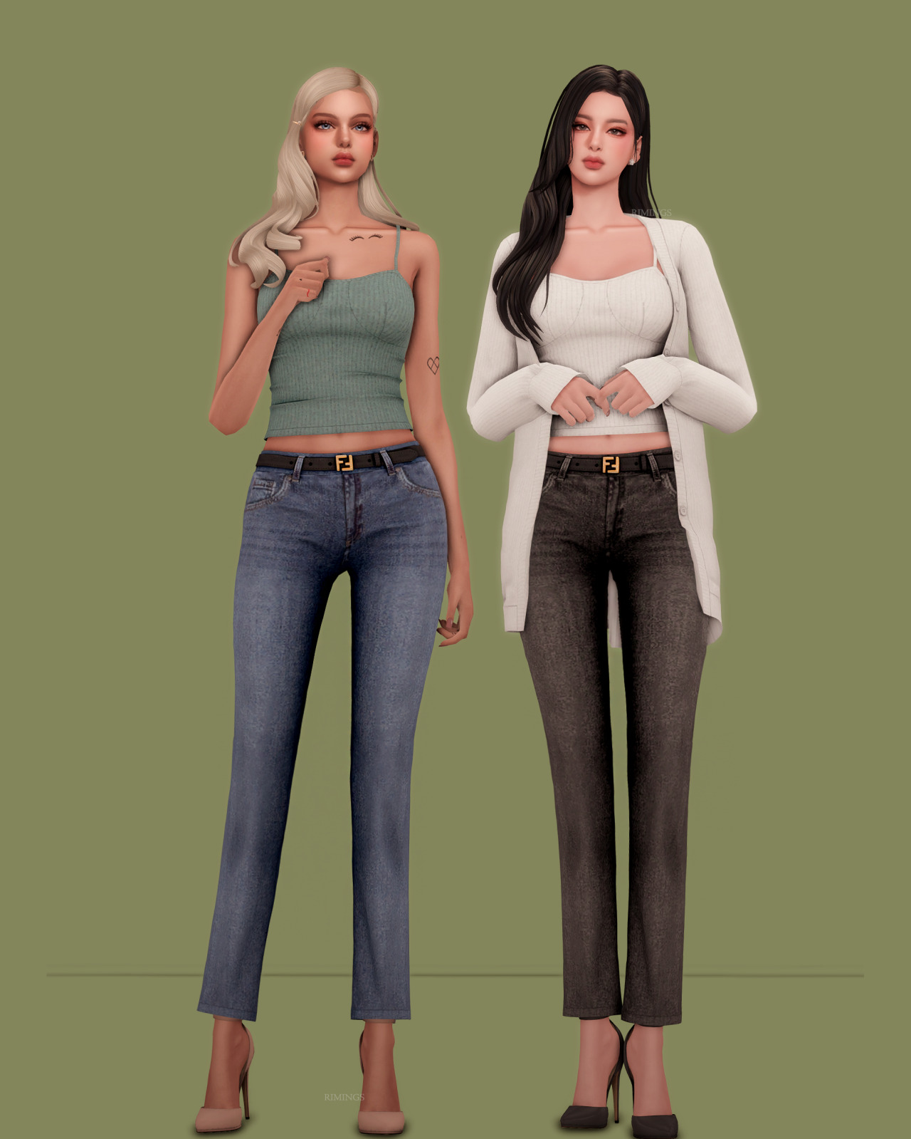 Повседневный сет Long Knit Cardigan & Knit Cami Top & Belted Straight jeans для Sims 4