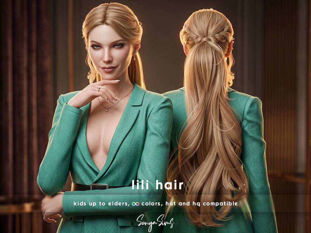 Женская прическа Lili Hairstyle - Super Long для Sims 4