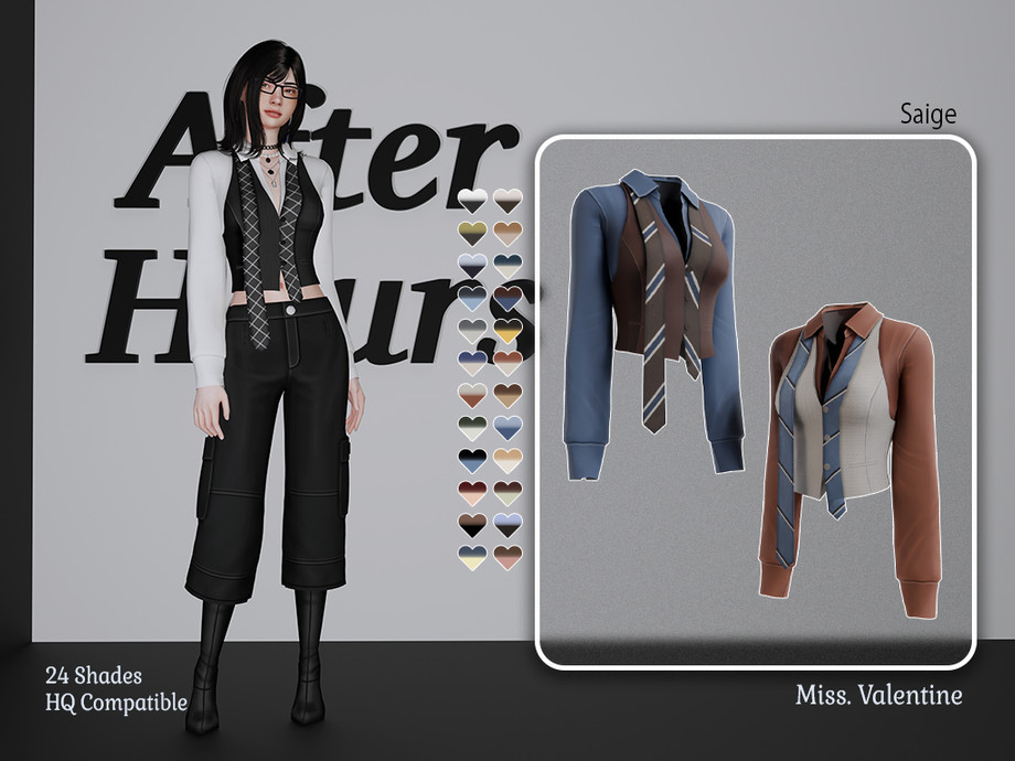 Жилет с рубашкой и галстуком Saige vest with shirt для Sims 4
