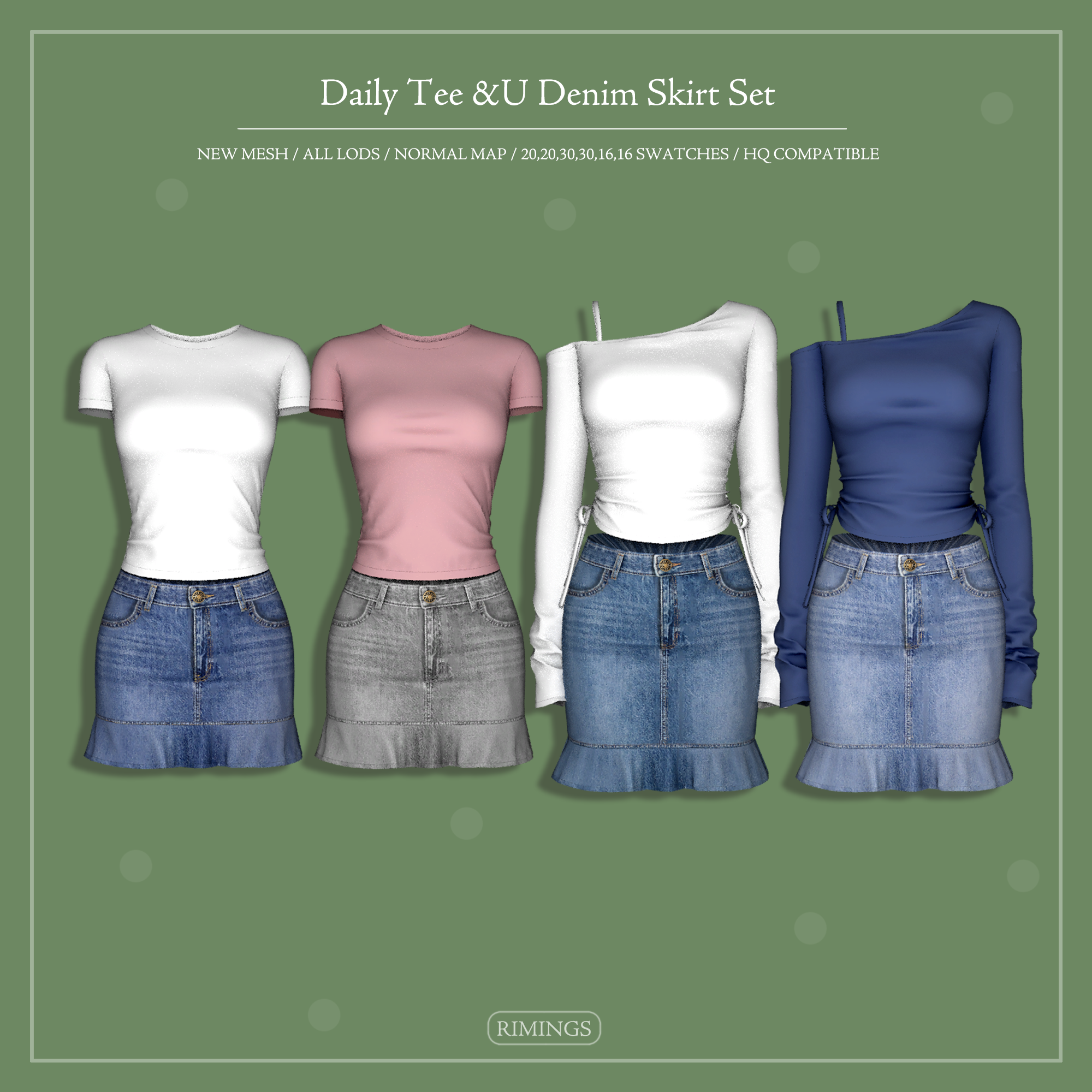 Повседневный комплект Daily Tee & Denim Skirt Set для Sims 4