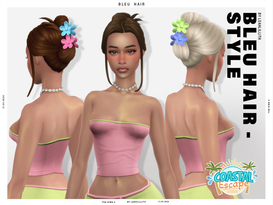Женская прическа Coastal Escape Bleu Flower Hairclip Bun hairstyle для Sims 4