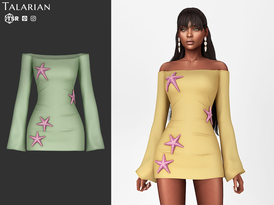 Пляжное платье Skyler Starfish Off Shoulder Mini Dress для Sims 4