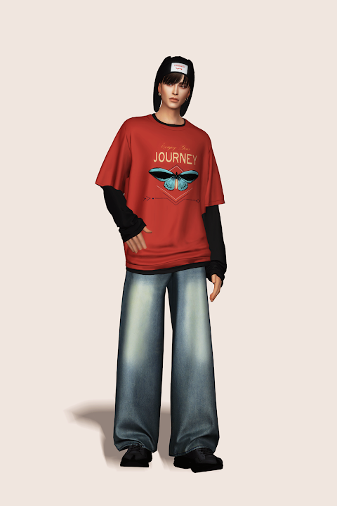 Лонг с футболкой для симов Layered Oversized T-Shirt для Sims 4