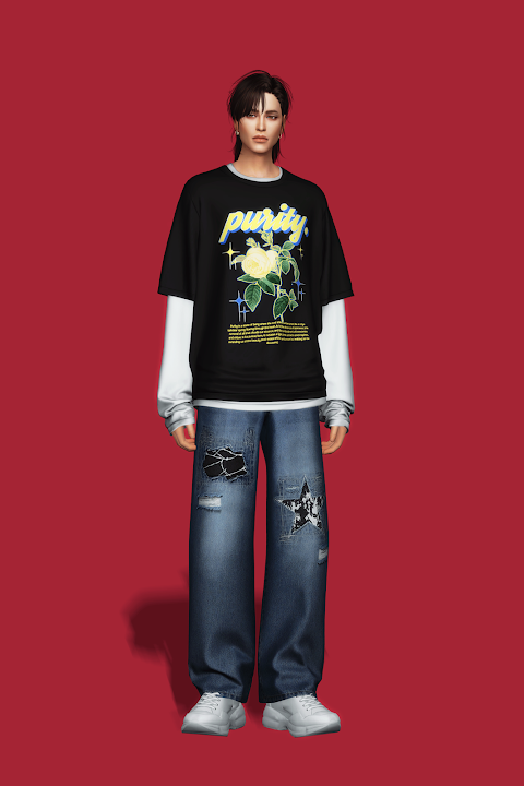 Лонг с футболкой для симов Layered Oversized T-Shirt для Sims 4