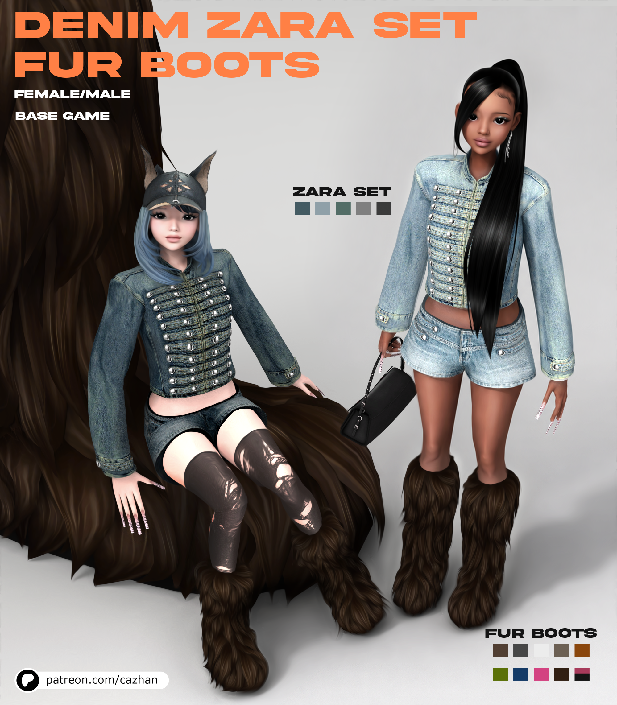 Комплект для симочек denim zara set & fur boots для Sims 4