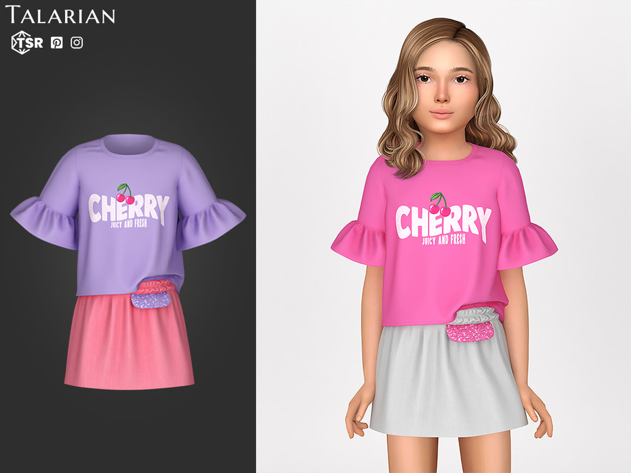 Наряд для девочек Alice Outfit With Graphic Top And Mini Skirt для Sims 4