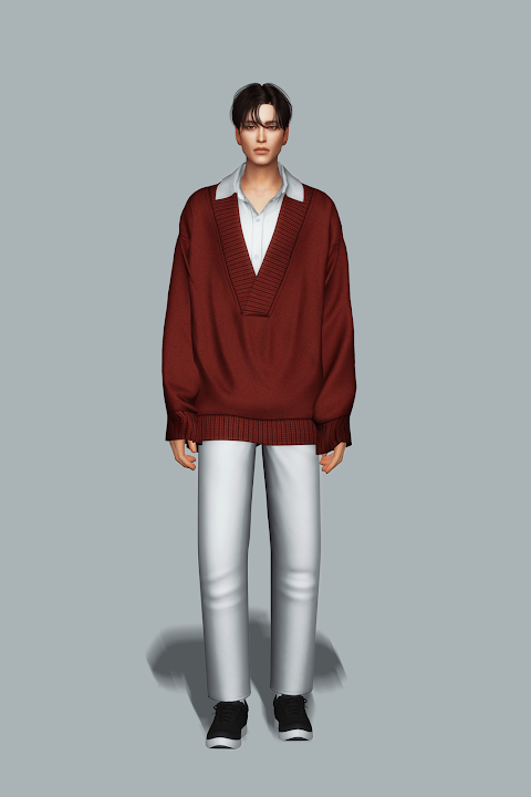 Свитер с рубашкой для симов Layered V-Neck Knit для Sims 4