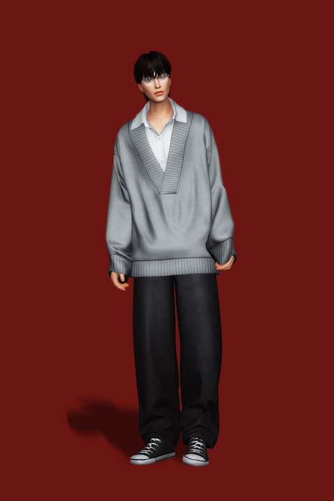 Свитер с рубашкой для симов Layered V-Neck Knit для Sims 4