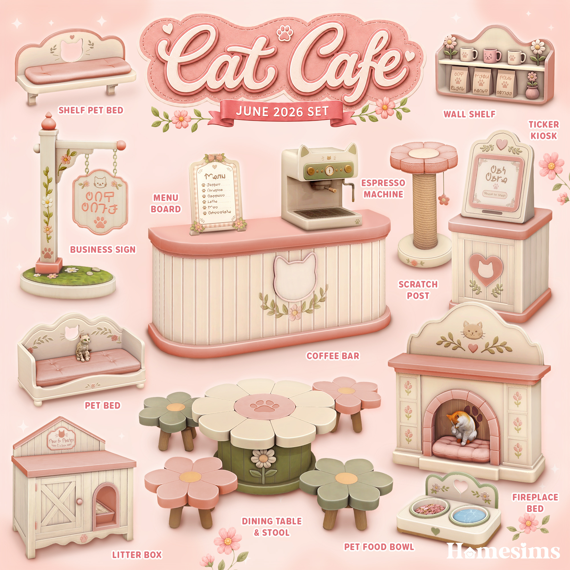 Сет для кафе Cat Cafe для Sims 4