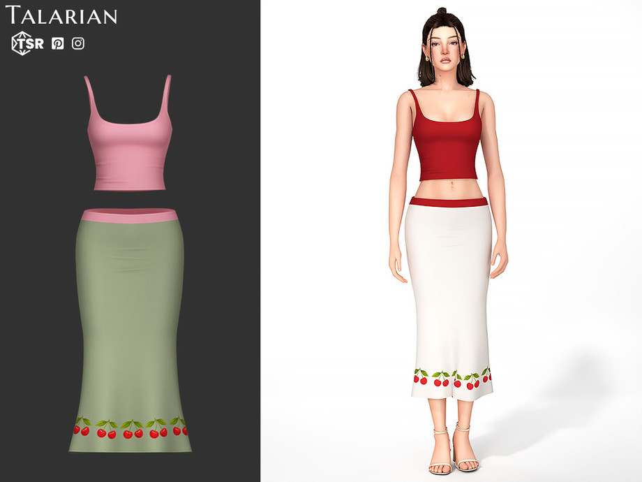 Вишневый комплект Adley Outfit With Cropped Top And Cherry Skirt для Sims 4