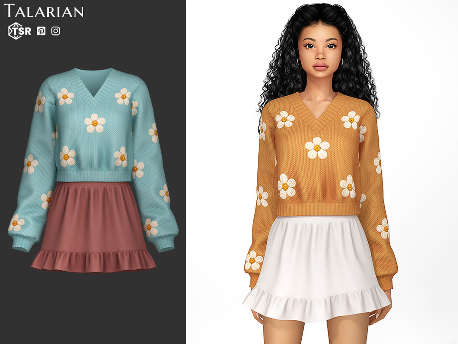 Наряд для симочек Belen Outfit With Floral Sweater And Ruffle Skirt для Sims 4